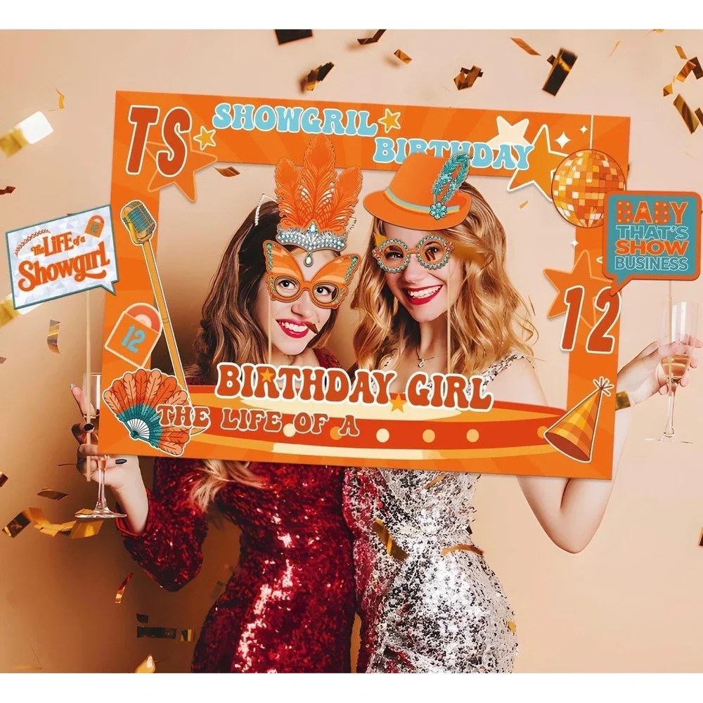 NWT 25pc Birthday Girl Showgirl Photo Booth Props Set Orange Music Party w Frame
